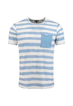 Maglietta a maniche corte con righe orizzontali azzurro chiaro e bianche, con una tasca sul petto di colore azzurro chiaro uniforme.