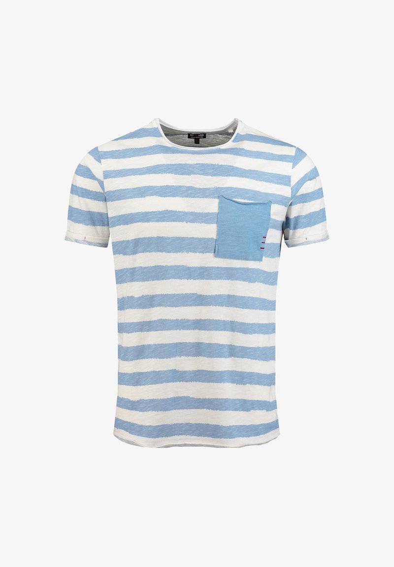 Camiseta de manga corta con rayas horizontales en azul claro y blanco, con un bolsillo en el pecho de color azul claro sólido.