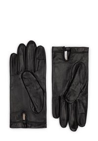 Gants en cuir noir avec un design à cinq doigts, texture lisse, coutures intérieures et une petite ouverture au poignet pour un enfilage facile.