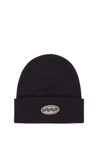 Gorro de punto negro con dobladillo, que presenta un logo de ola bordado en azul y beige en la parte frontal. Textura suave y ajuste cómodo.