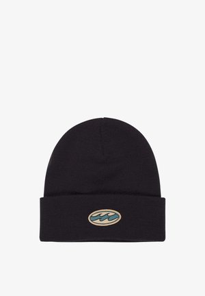 Gorro de punto negro con dobladillo, que presenta un logo de ola bordado en azul y beige en la parte frontal. Textura suave y ajuste cómodo.