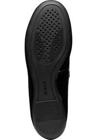 Suola nera di scarpe Geox caratterizzata da una base in gomma texture, fori di ventilazione e un bordo liscio. I modelli tattili distintivi migliorano la presa.