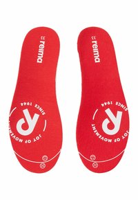 Sole rosse con brand bianco. Presentano bordi arrotondati, una consistenza morbida e loghi stampati con accenti circolari. Taglia contrassegnata come 33.