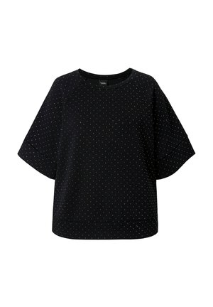 Musta lyhythihainen paita, jossa on leveät hihat ja pieniä valkoisia pilkkuja, jotka peittävät kankaan tasaisesti.