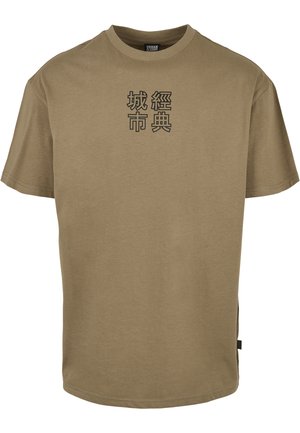 Kaki t-shirt med korta ärmar, rund halsringning och svart grafisk text med asiatiska tecken på framsidan. Mjuk bomullstyg.