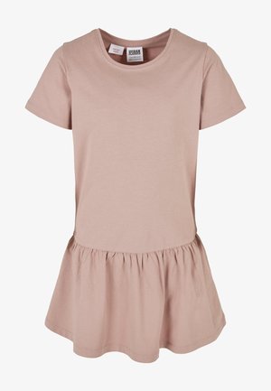 Īsām piedurknēm tērps no mīksta gaiši rozā kokvilnas, ar apaļu kakla izgriezumu un savāktu izplestu apakšu, kuram ir gluda tekstūra un ikdienišķs dizains.