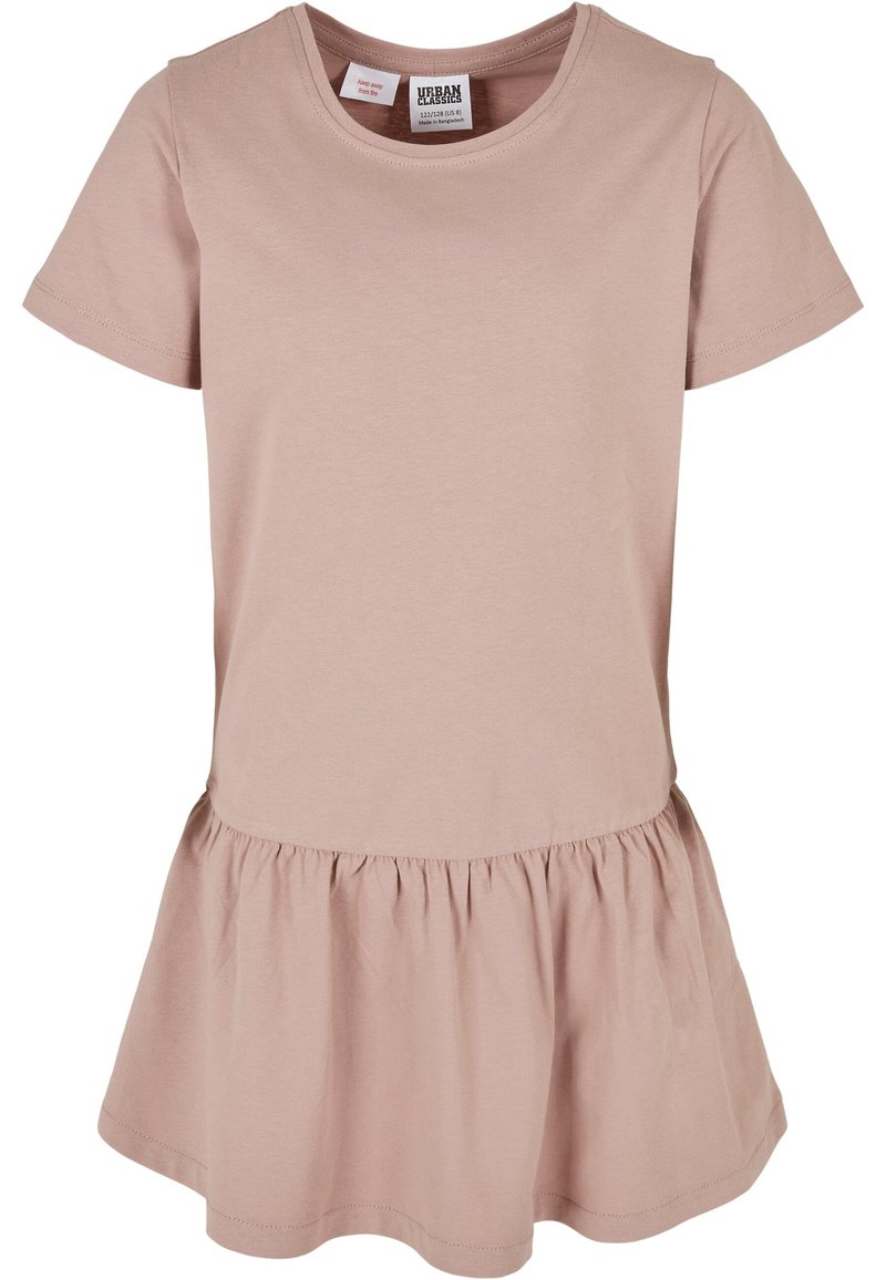 Robe à manches courtes en coton rose clair doux avec un col rond et un ourlet évasé froncé, présentant une texture lisse et un design décontracté.