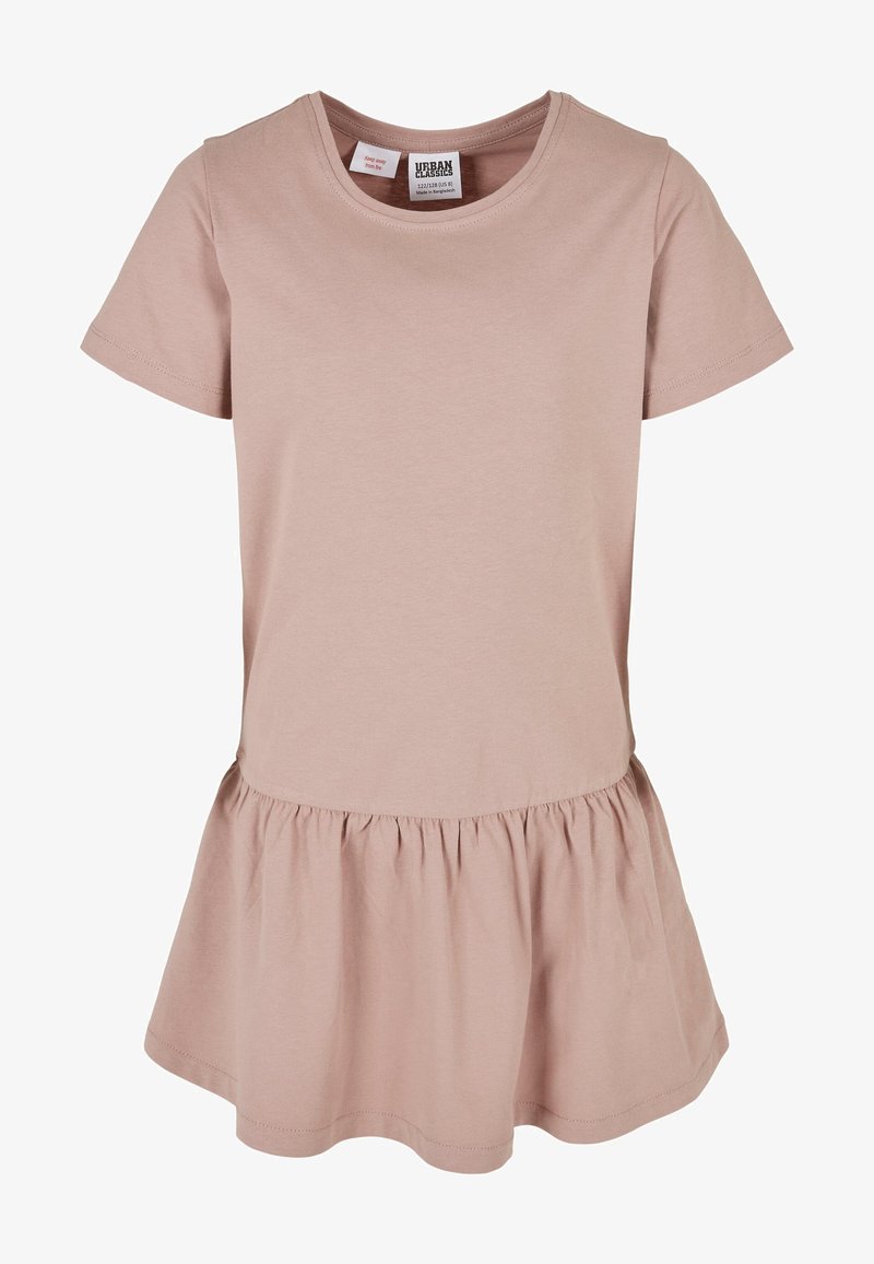 Trumpas rankovėmis suknelė iš minkštos šviesiai rožinės medvilnės, su apvaliu iškirpimu ir susirinkusia plačiąja apatine dalimi, pasižyminti lygiu tekstūru ir kasdiene išvaizda.