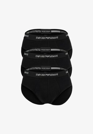 Confezione di biancheria intima in cotone nero con tre paia dotate di fascia elastica con logo e design classico a slip. Texture liscia su tutta la superficie.