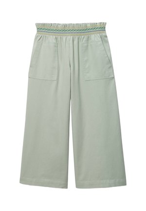 Pantalon vert clair à jambes larges avec taille smockée élastique et deux poches plaquées à l'avant.