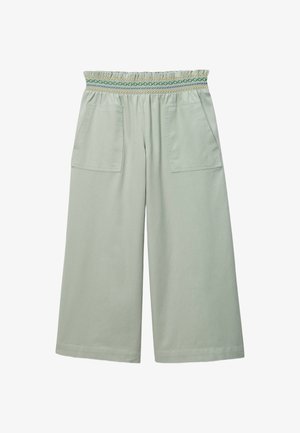 Pantalon vert clair à jambes larges avec taille smockée élastique et deux poches plaquées à l'avant.