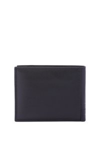 Portafoglio in pelle nera, design bi-fold, texture liscia, con cuciture a contrasto. Forma compatta senza hardware o decorazioni visibili.
