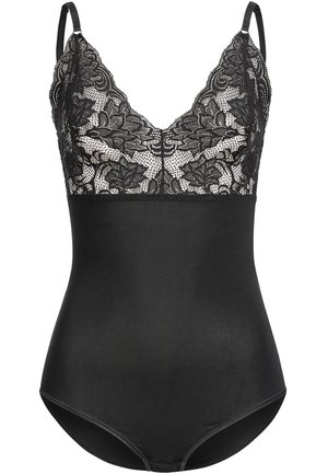 Black bodysuit featuring a sheer lace top with floral patterns, adjustable straps, and a smooth satin-like bottom section.