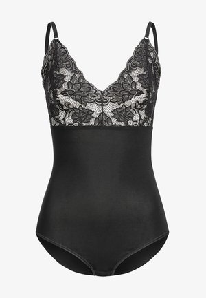 Black bodysuit featuring a sheer lace top with floral patterns, adjustable straps, and a smooth satin-like bottom section.