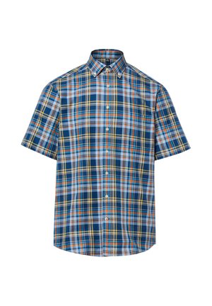 Herren Kurzarmhemd zum Knöpfen mit blauem, orangefarbenem, gelbem und weißem Karomuster und einem Button-Down-Kragen.