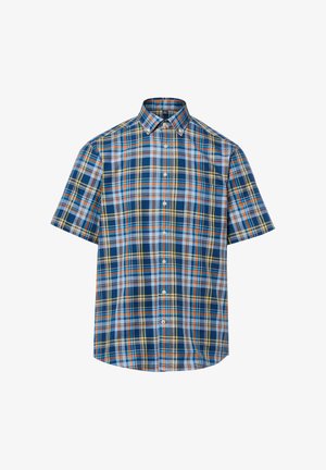 Herren Kurzarmhemd zum Knöpfen mit blauem, orangefarbenem, gelbem und weißem Karomuster und einem Button-Down-Kragen.