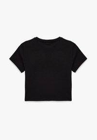 Zwart cropped t-shirt van zachte katoen. Heeft korte mouwen, een ronde halslijn en een eenvoudig, ongebrandmerkt ontwerp.