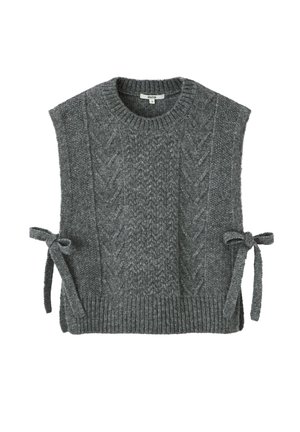 Gilet sans manches en tricot gris avec motif en torsades et liens latéraux, ourlet côtelé et col rond.