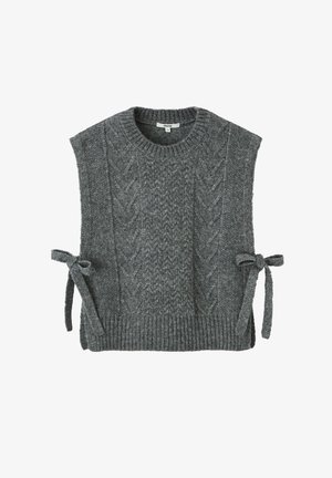 Gilet sans manches en tricot gris avec motif en torsades et liens latéraux, ourlet côtelé et col rond.