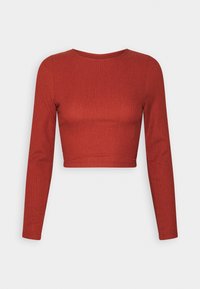 Top corto a maniche lunghe rosso a coste con scollatura rotonda, realizzato in un tessuto testurizzato, con maniche aderenti e orlo dritto.