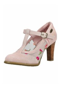 Zapato de tacón alto de ante rosa con tira en T, cierre de hebilla, laterales de malla bordados con flores multicolores y tacón apilado de madera.