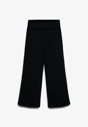 Czarne spodnie o szerokich nogawkach z wysokim elastycznym pasem, wykonane z miękkiego materiału, o gładkiej fakturze i klasycznym kroju.