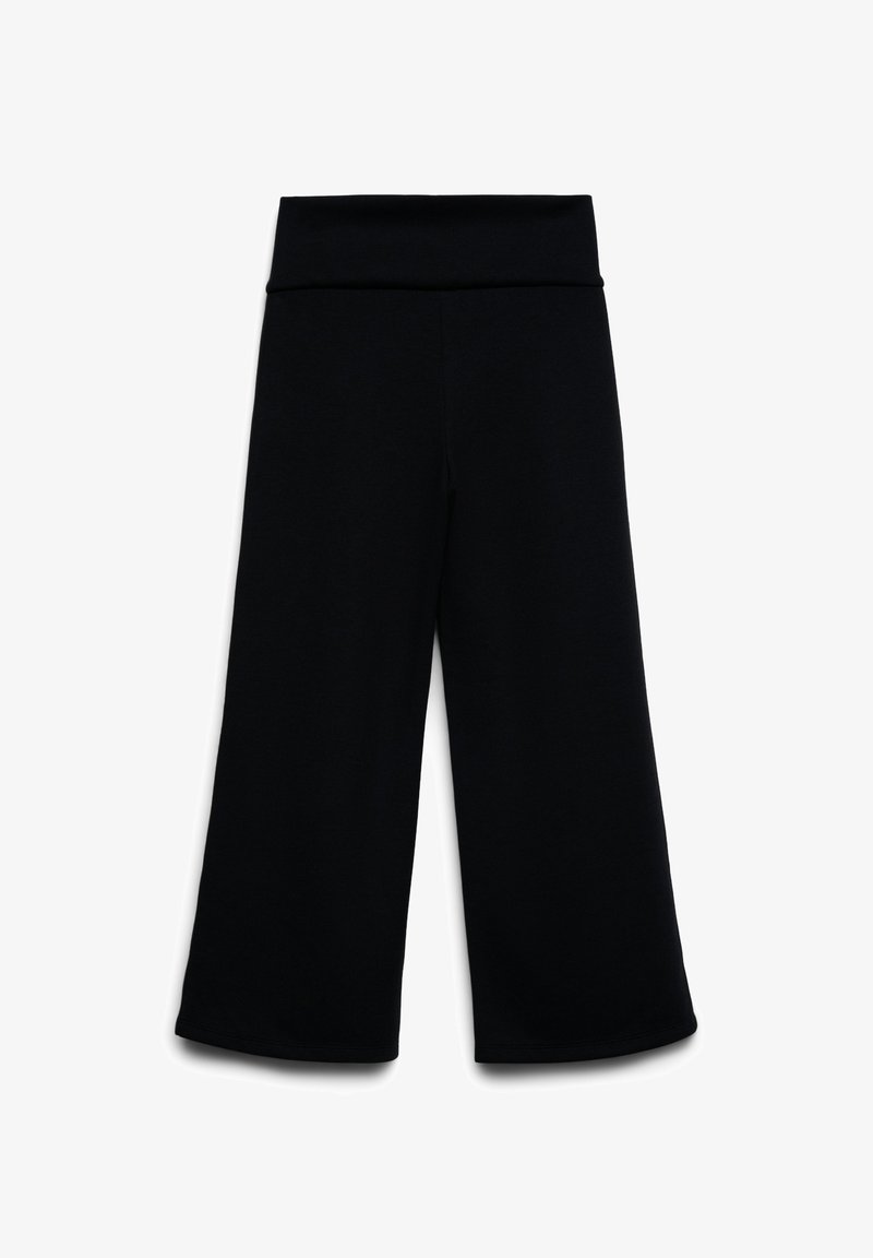 Pantaloni neri a gamba ampia con vita alta elasticizzata, realizzati in un tessuto morbido, caratterizzati da una texture liscia e un taglio classico.