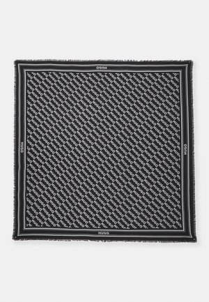 Sciarpa nera con ripetuto testo bianco "HUGO". I bordi frangiati e le sottili bordature bianche creano contrasto. Tessuto morbido con una texture piatta.