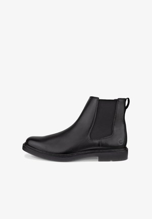 Schwarzer Chelsea-Lederstiefel mit elastischen Seitenteilen, glatter, abgerundeter Spitze, niedrigem Absatz und Zuglasche hinten.