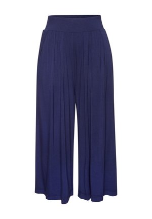 Navy blue wide-leg pants with high elastic waistband and soft pleated fabric, designed for comfortable fit.