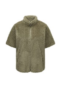 Kurzärmlige Jacke aus weichem olivgrünem Stoff mit strukturiertem, plüschigem Oberflächen; mit hohem Kragen und durchgehendem Reißverschluss.