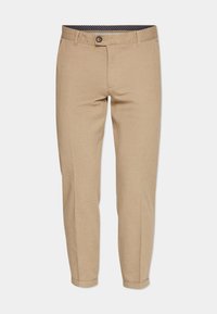 Beige linen trousers with a straight cut, featuring a button closure and a patterned waistband. Smooth texture and tailored fit.