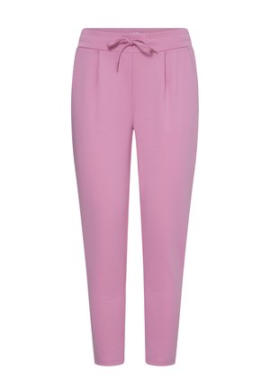 Pantaloni de trening conici de culoare mov deschis, cu talie elastică și șnur frontal, având două pliuri frontale discrete și buzunare laterale.