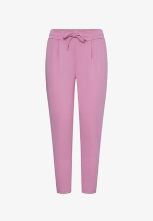 Pantaloni de trening conici de culoare mov deschis, cu talie elastică și șnur frontal, având două pliuri frontale discrete și buzunare laterale.