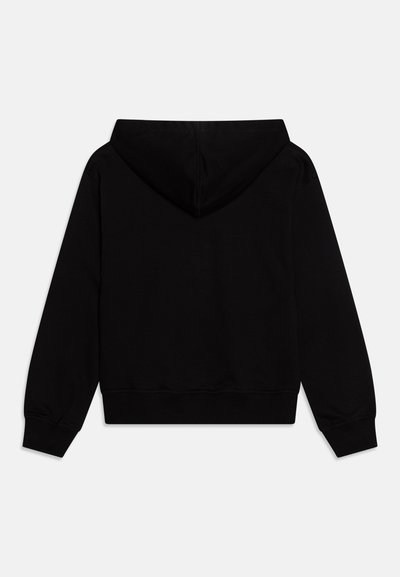 Felpa nera con cappuccio, polsini e orlo a coste, realizzata in tessuto morbido. Design semplice, senza motivi o decorazioni visibili.