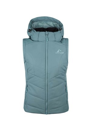Gepolsterte Weste in sanftem Türkis, mit hohem Kragen, Reißverschluss und seitlichen Taschen. Das Design umfasst Akzente mit Zickzacknähten.