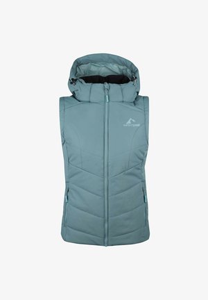 Gepolsterte Weste in sanftem Türkis, mit hohem Kragen, Reißverschluss und seitlichen Taschen. Das Design umfasst Akzente mit Zickzacknähten.