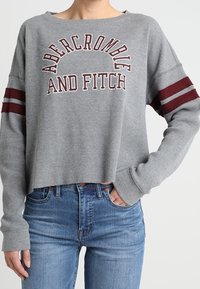 Szary, krótki sweatshirt z prążkowanej tkaniny, z bordowymi paskami na rękawach oraz nadrukowanym logo "Abercrombie and Fitch".
