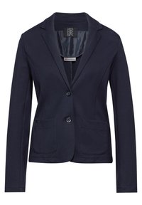 Navy modrý blazer vyrobený z měkké tkaniny, s přední částí na dva knoflíky, dvěma předními kapsami a klopenými límci. Uvnitř má vzorovanou podšívku.