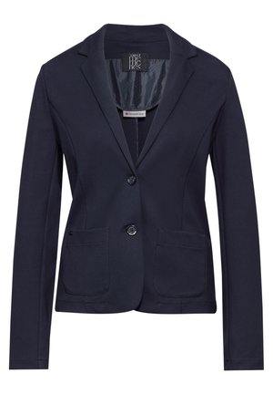 Dunkelblaues Sakko aus weichem Stoff, mit einer Zwei-Knopf-Front, zwei vorderen Taschen und Reverskragen. Innenfutter mit einem gemusterten Design.