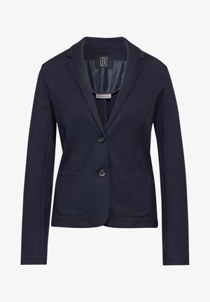 Dunkelblaues Sakko aus weichem Stoff, mit einer Zwei-Knopf-Front, zwei vorderen Taschen und Reverskragen. Innenfutter mit einem gemusterten Design.