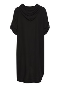 Svart huva klänning med rullade korta ärmar. Tillverkad av lättviktig tyg, har den en avslappnad passform och en rundad nederkant för en avslappnad stil.