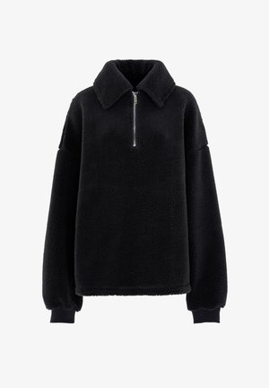 Schwarzer Fleece-Pullover mit Zip-Kragen, einem Kragen und übergroßen Ärmeln. Die weiche Textur und die einfarbige Gestaltung unterstreichen das lässige Design.