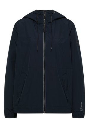 Tmavě modrá mikina s kapucí, předním zipem, stahovacími šňůrkami, dvěma bočními kapsami a nápisem "CECIL OUTERWEAR" na rukávu a táhlu zipu.