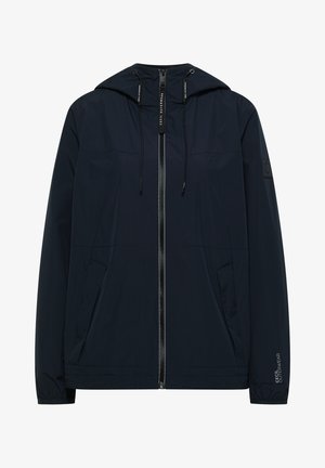 Marineblauwe capuchonjas met ritssluiting aan de voorkant, trekkoorden, twee zijzakken en "CECIL OUTERWEAR" branding op de mouw en de ritstreker.