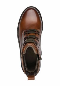 Brązowe skórzane botki za kostkę z okrągłym noskiem, fakturowanym sznurowaniem i dzianinowym kołnierzem. Zawierają boczny zamek błyskawiczny oraz miękką wyściółkę.