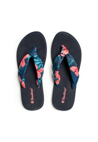 Chanclas de color navy con una suela texturizada, con tiras anudadas de estampado floral en azul, rosa y verde. Marca visible en la plantilla.