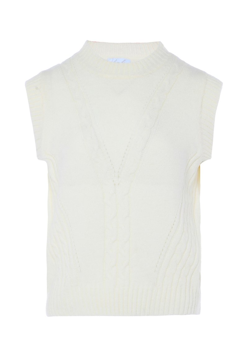 Crème-kleurige kabelgebreide mouwloze sweatervest met geribde halslijn, armsgaten en zoom.
