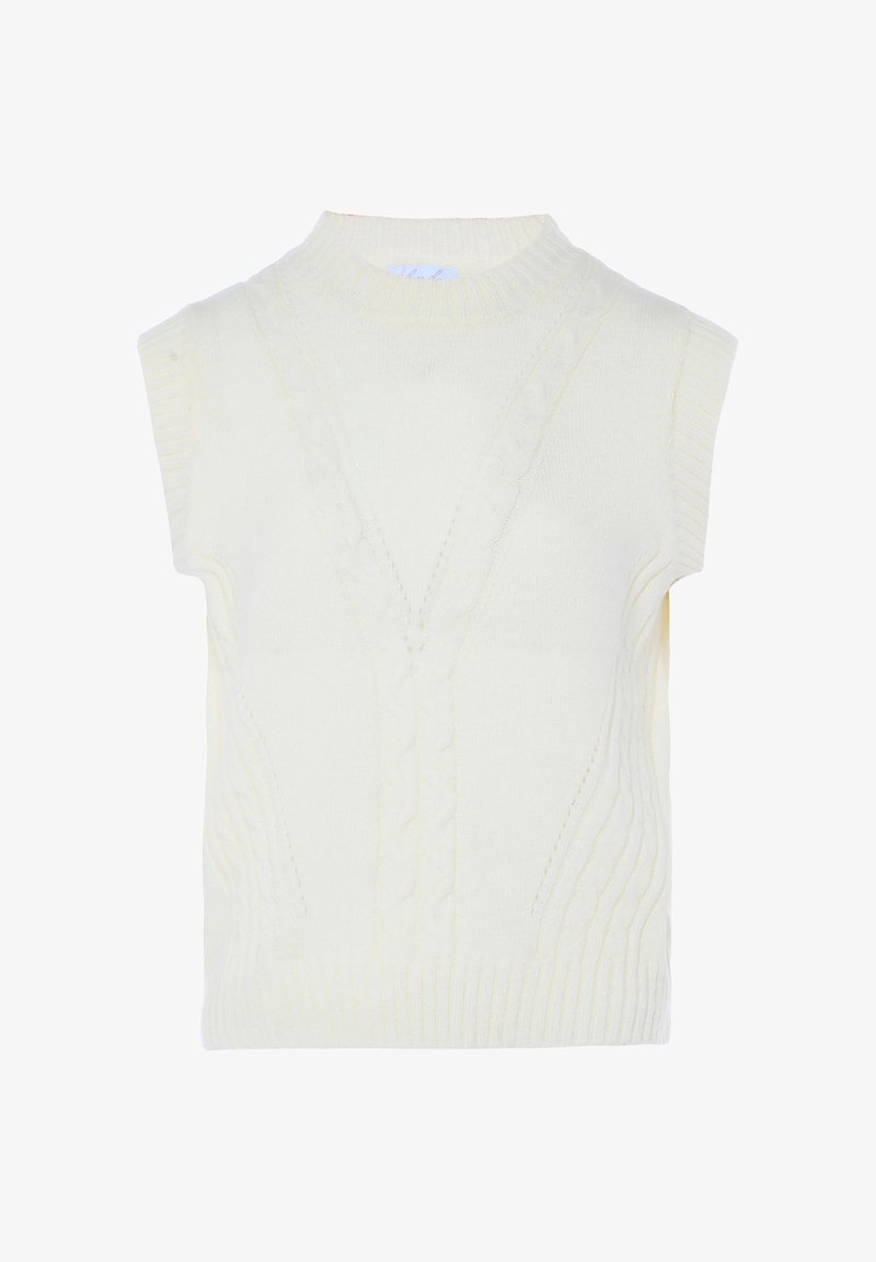 Beżowy bezrękawnik sweterkowy o splocie warkoczowym, z prążkowanym dekoltem, otworami na ramiona i dołem.