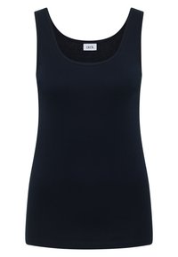 Débardeur noir pour femme sans manches avec encolure dégagée, coupe ajustée et étiquette de marque « CECIL » à l'intérieur du col.